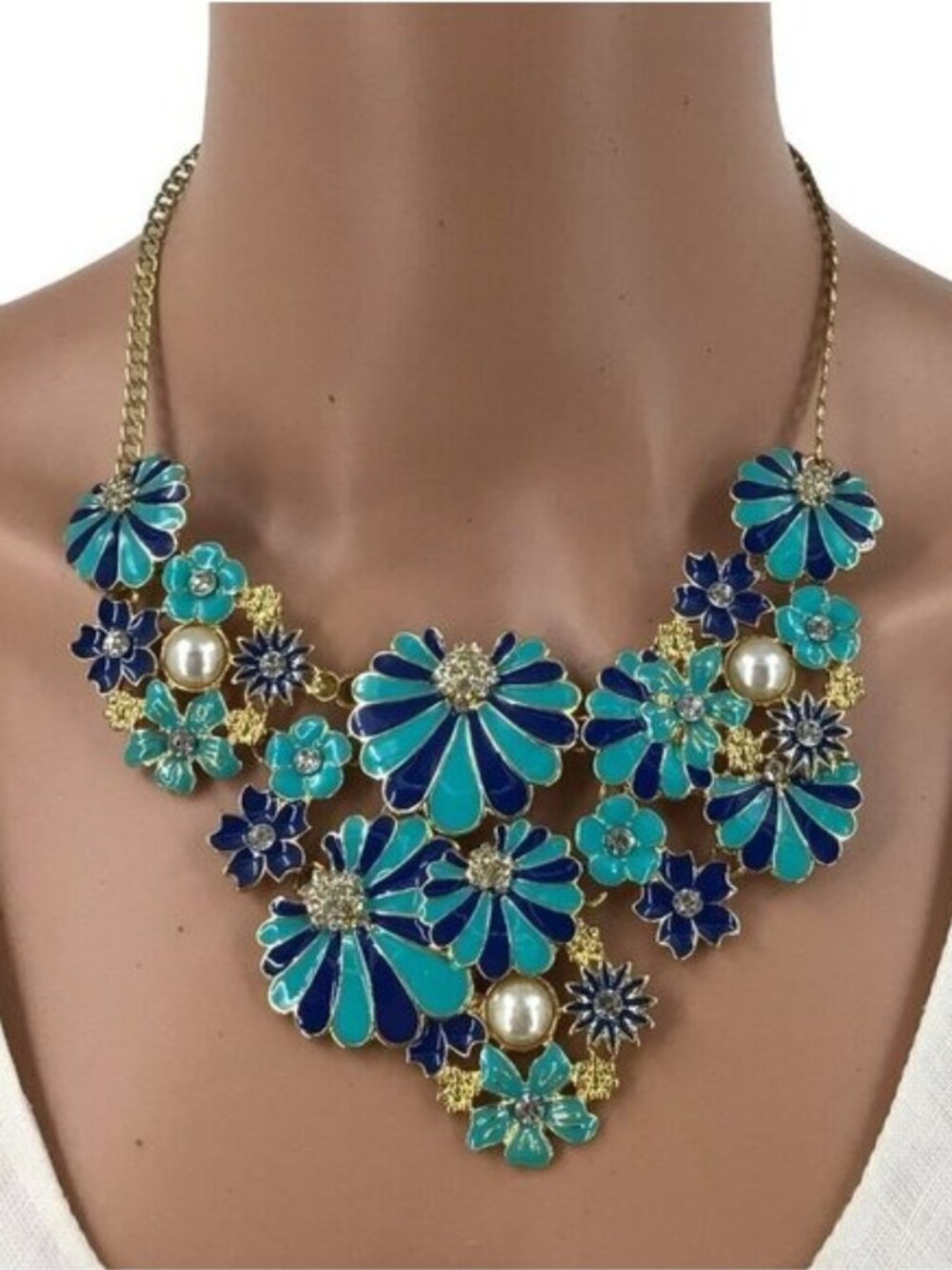 Amrita Singh Statement Necklace Navy Blue Enamel Rhinestone Faux Pearl 18 Inch - Picture 2 of 3